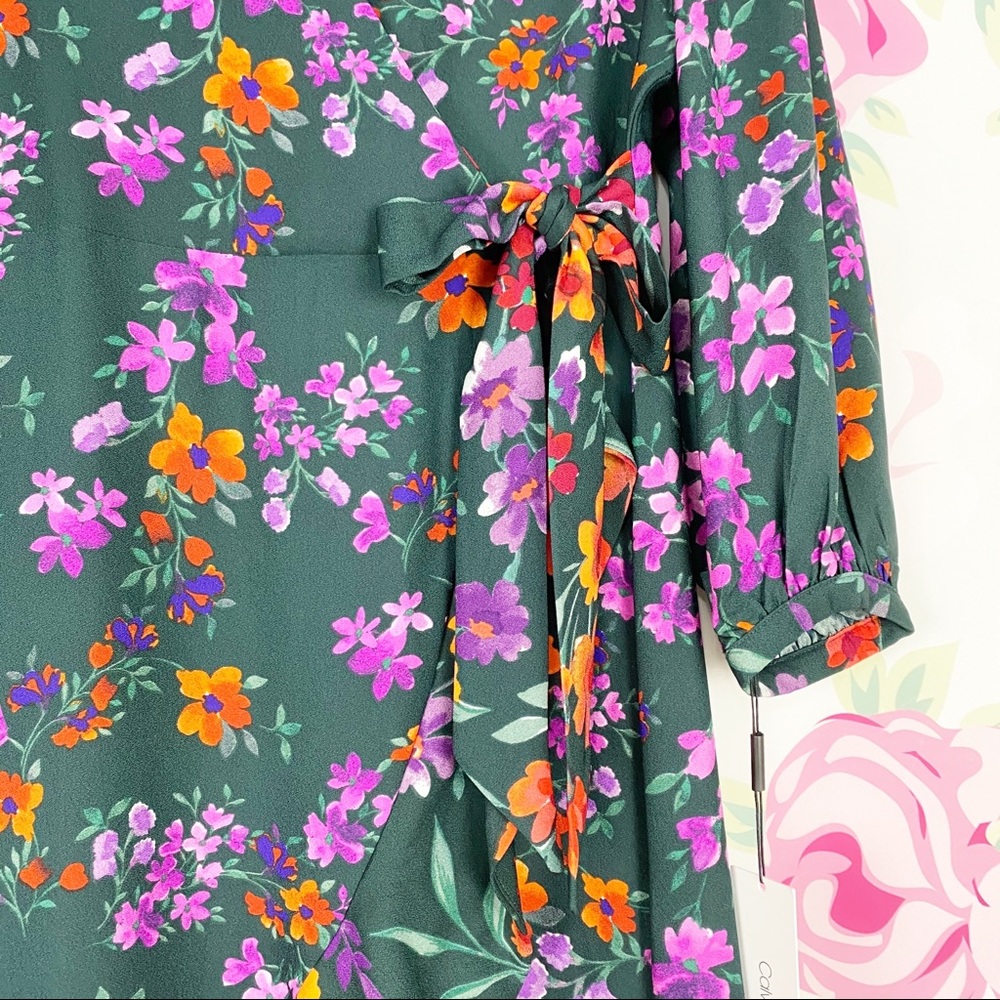 NEW Calvin Klein Floral Print Faux Wrap Dress - Picture 4 of 15